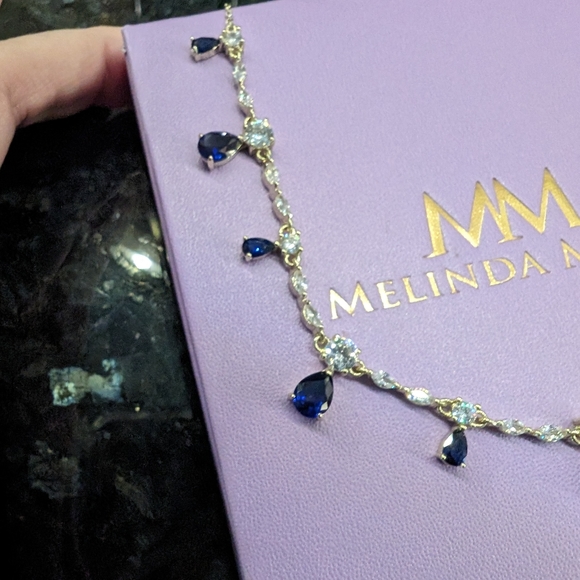 Divine Melinda Maria Sapphire, Rhinestone, and Gold Choker (15-18") Necklace - Picture 3 of 4